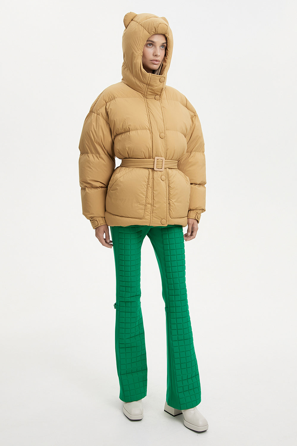 Bright yellow teddy bear puffer jacket