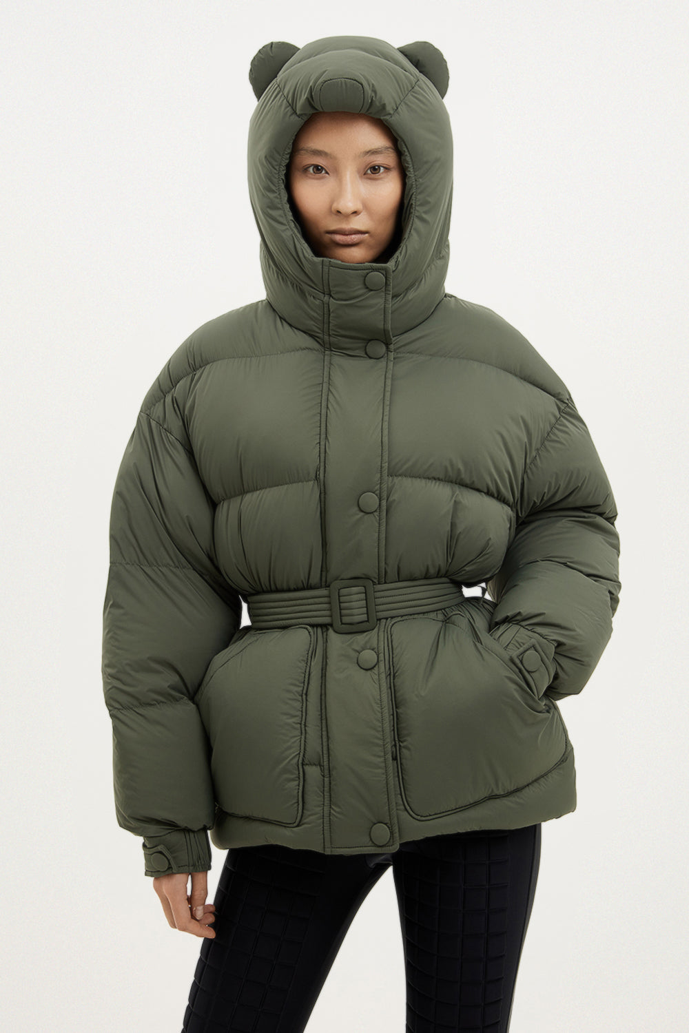 Bright green teddy bear puffer jacket