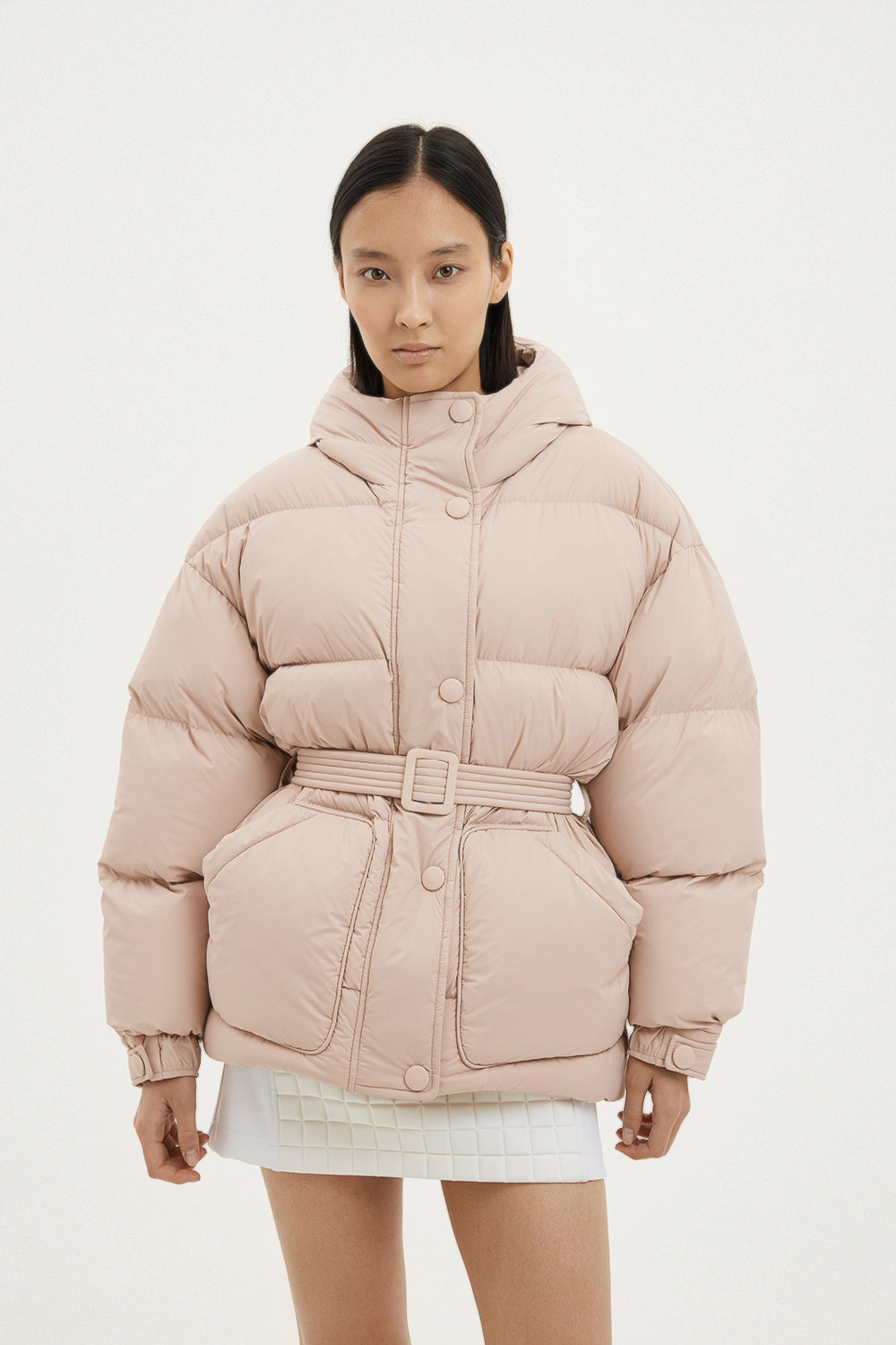 Bright pinkish beige teddy bear puffer jacket