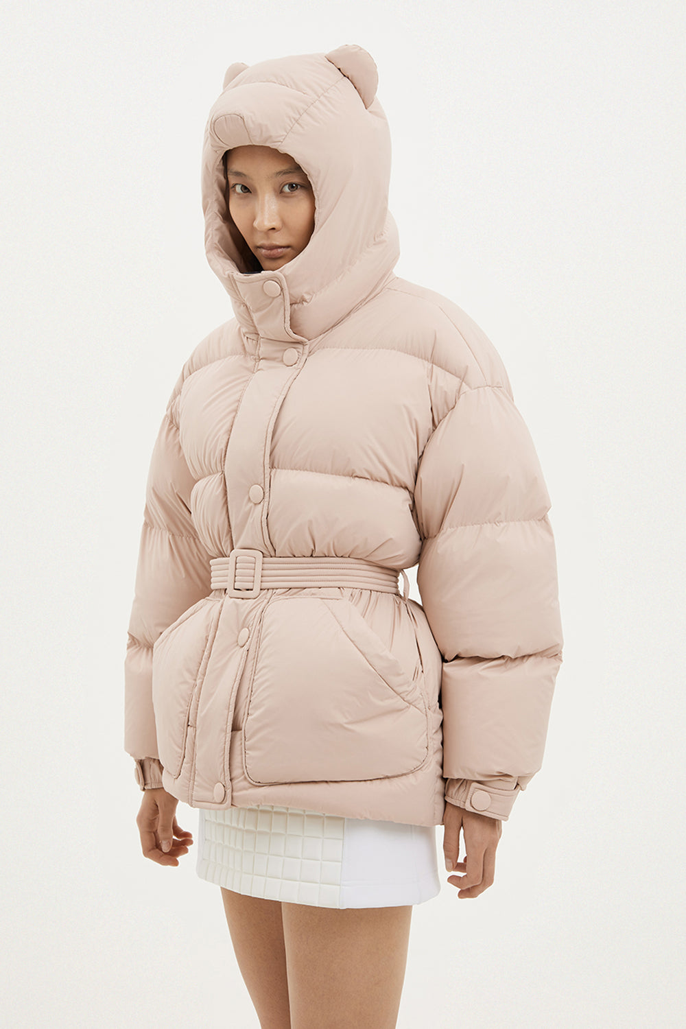 hooded beige jacket with ears for cold weather