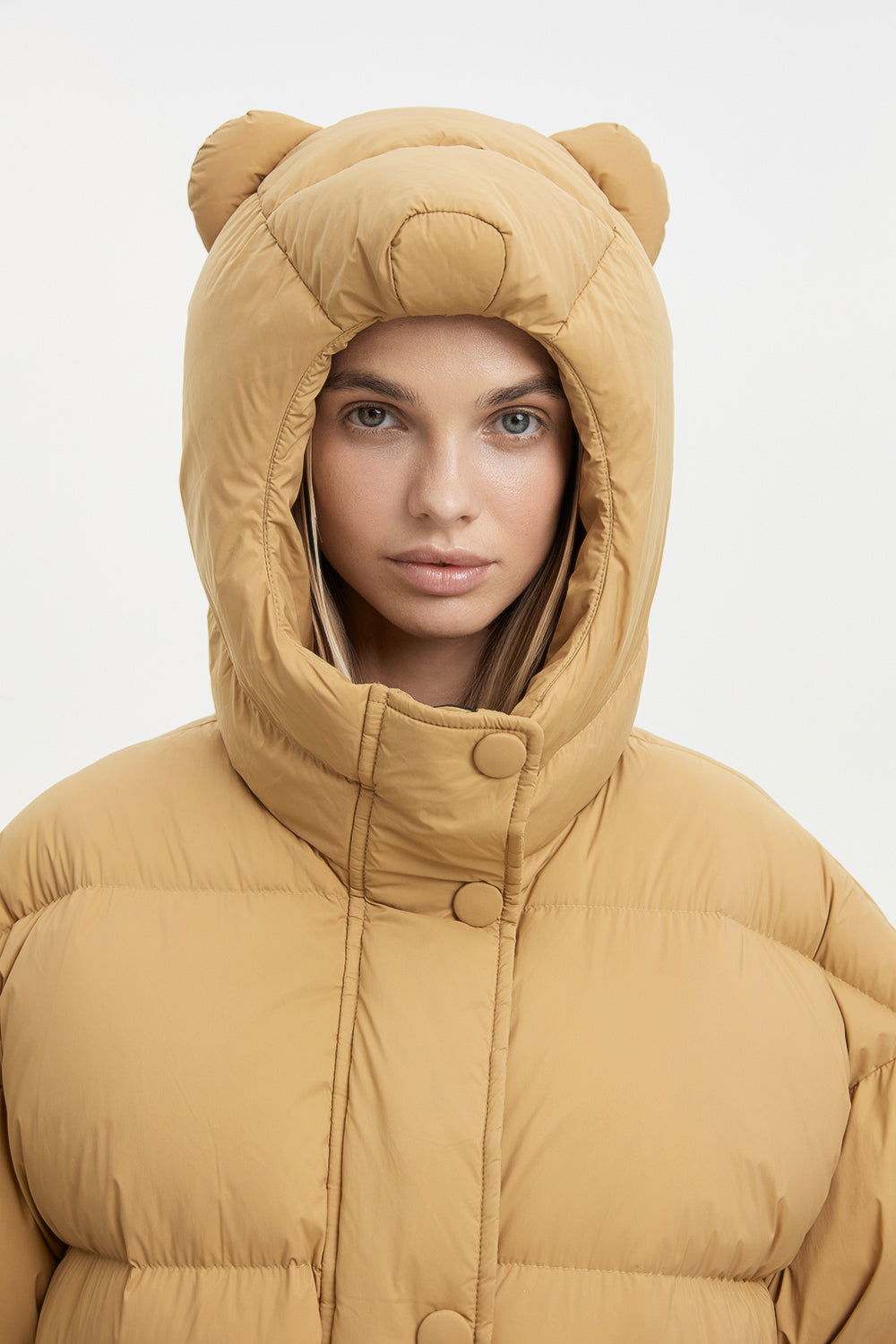 Mustard puffer jacket outlet with fur hood